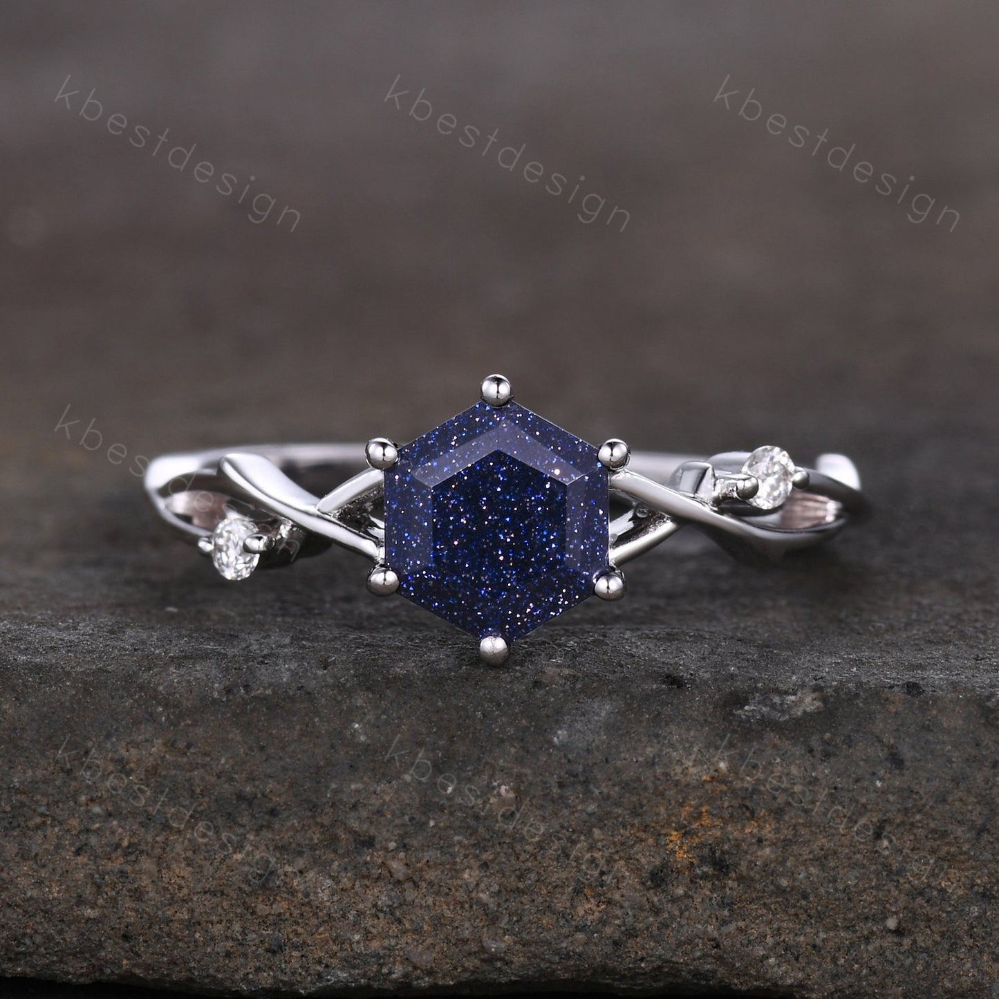 Hexagon cut Blue sandstone engagement ring Unique twig twisted wedding ring Women Vintage engagement ring White gold Promise Ring Gift