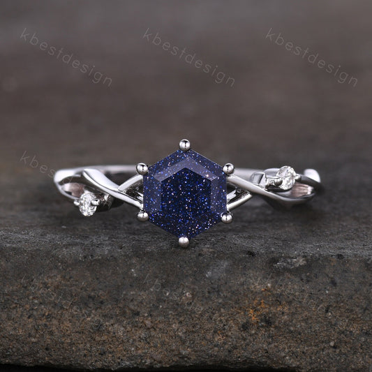 Hexagon cut Blue sandstone engagement ring Unique twig twisted wedding ring Women Vintage engagement ring White gold Promise Ring Gift