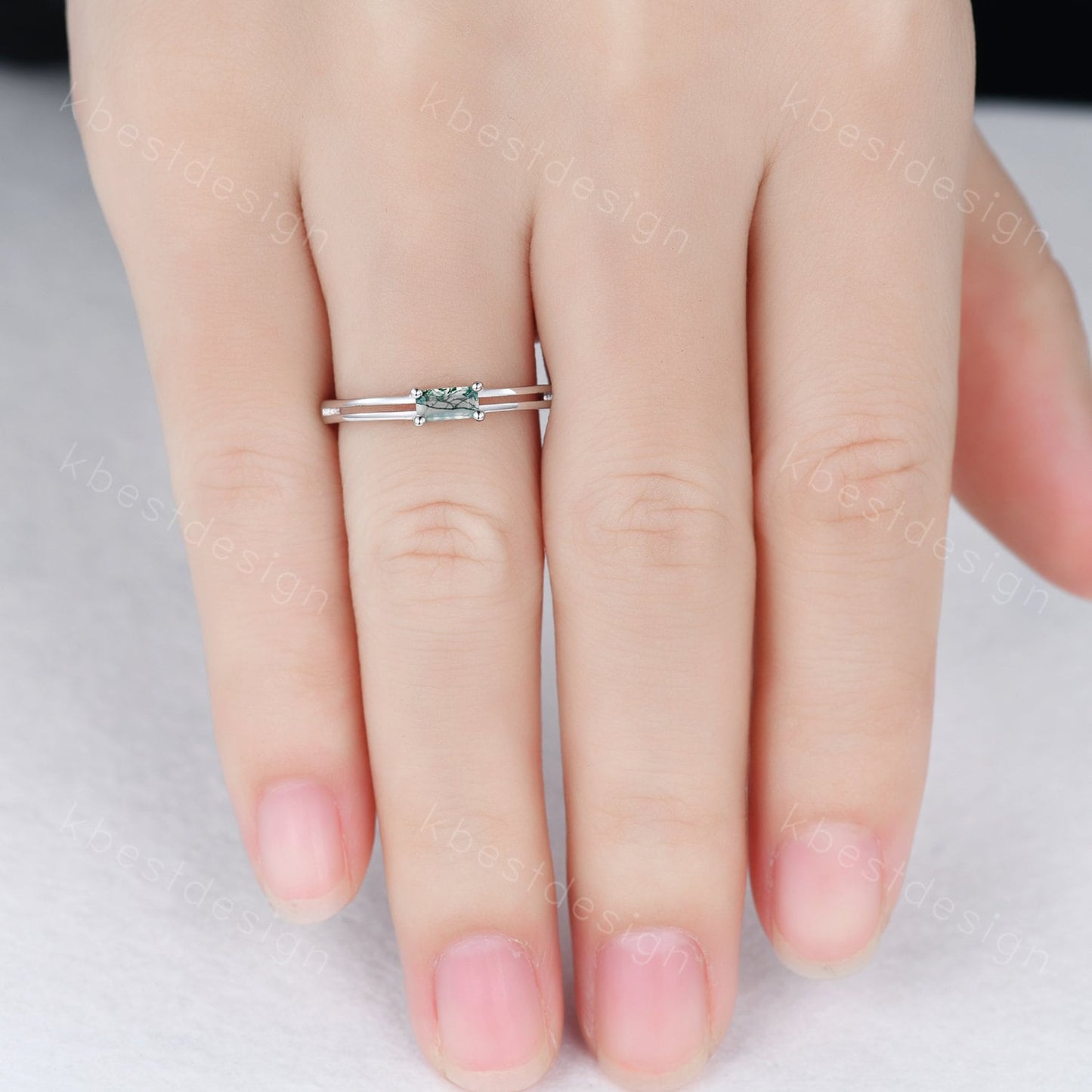 Dainty Moss Agate Engagement Ring Unique Split Shank Ring Sterling Silver Baguette Green Agate Ring Minimalist Promise Anniversary Gift