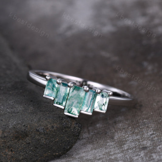 Unique Moss Agate Wedding Ring Sterling Silver Baguette cut Ring Green Moss agate Cluster ring Five Stone Ring Art Deco Stacking Band