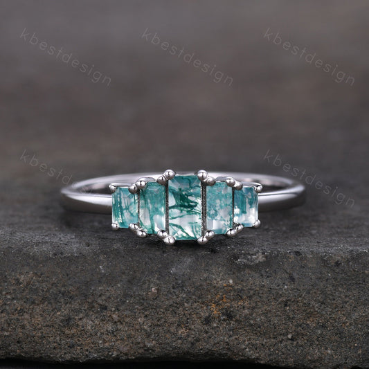 Baguette Moss Agate Cluster Wedding Band Vintage Sterling Silver Wedding Band Antique 5 Stone Unique Women Bridal Promise Ring