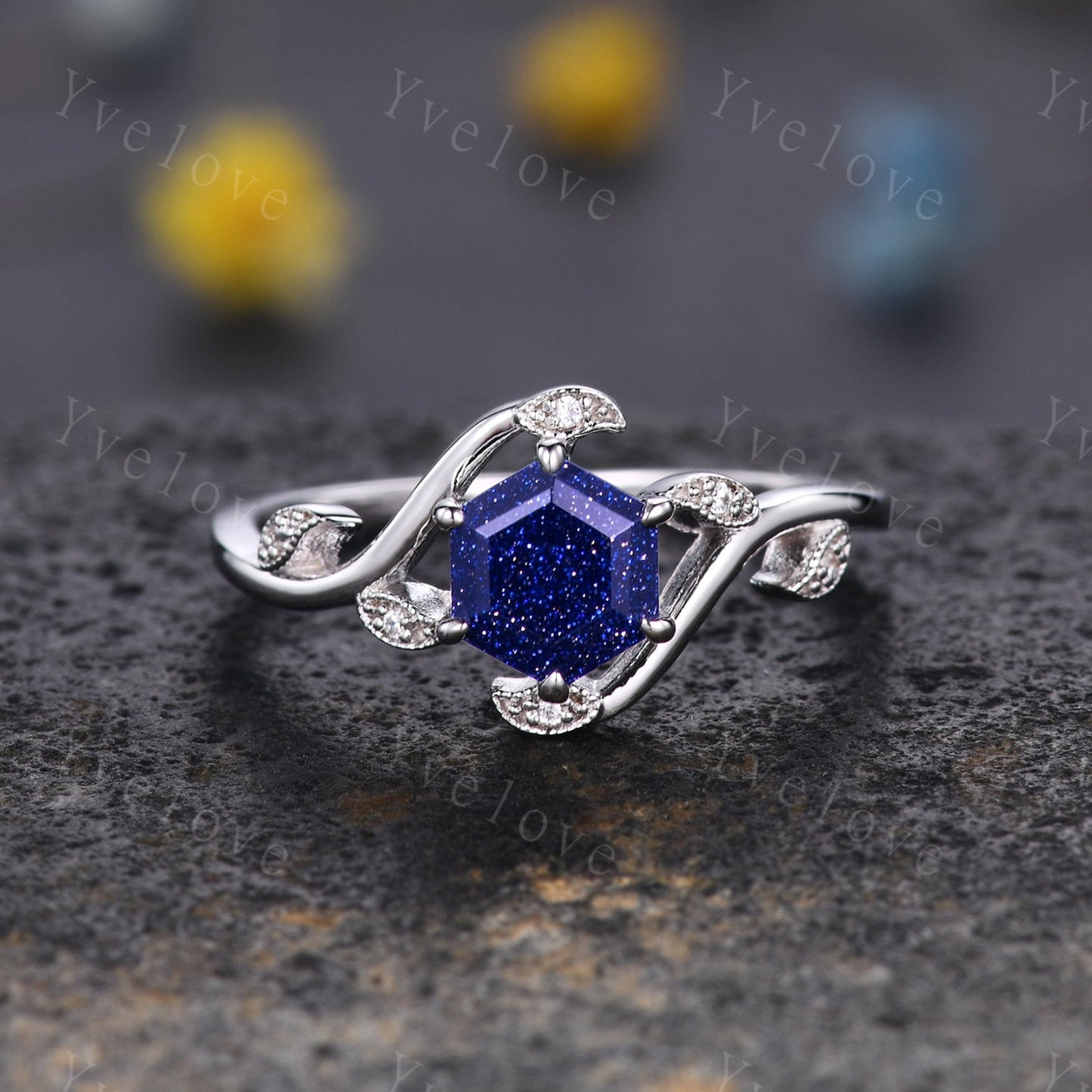 Retro hexagon Blue Sandstone Ring,Vintage Sterling Silver Ring,Unique Sandstone Engagement Ring,Promise Ring,Anniversary Bridal Ring Gift
