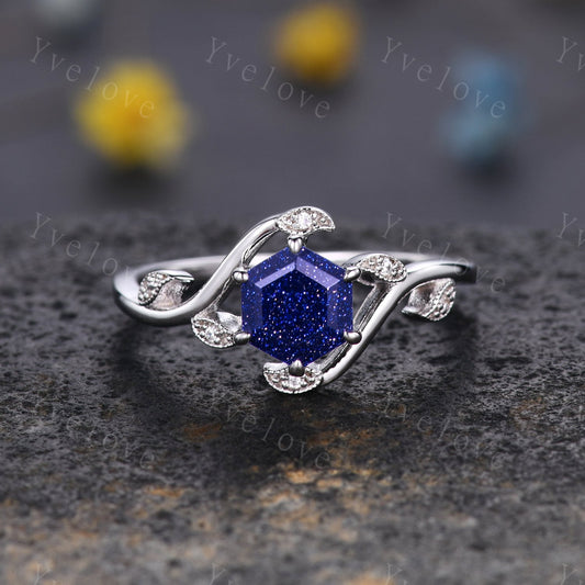 Retro hexagon Blue Sandstone Ring,Vintage Sterling Silver Ring,Unique Sandstone Engagement Ring,Promise Ring,Anniversary Bridal Ring Gift