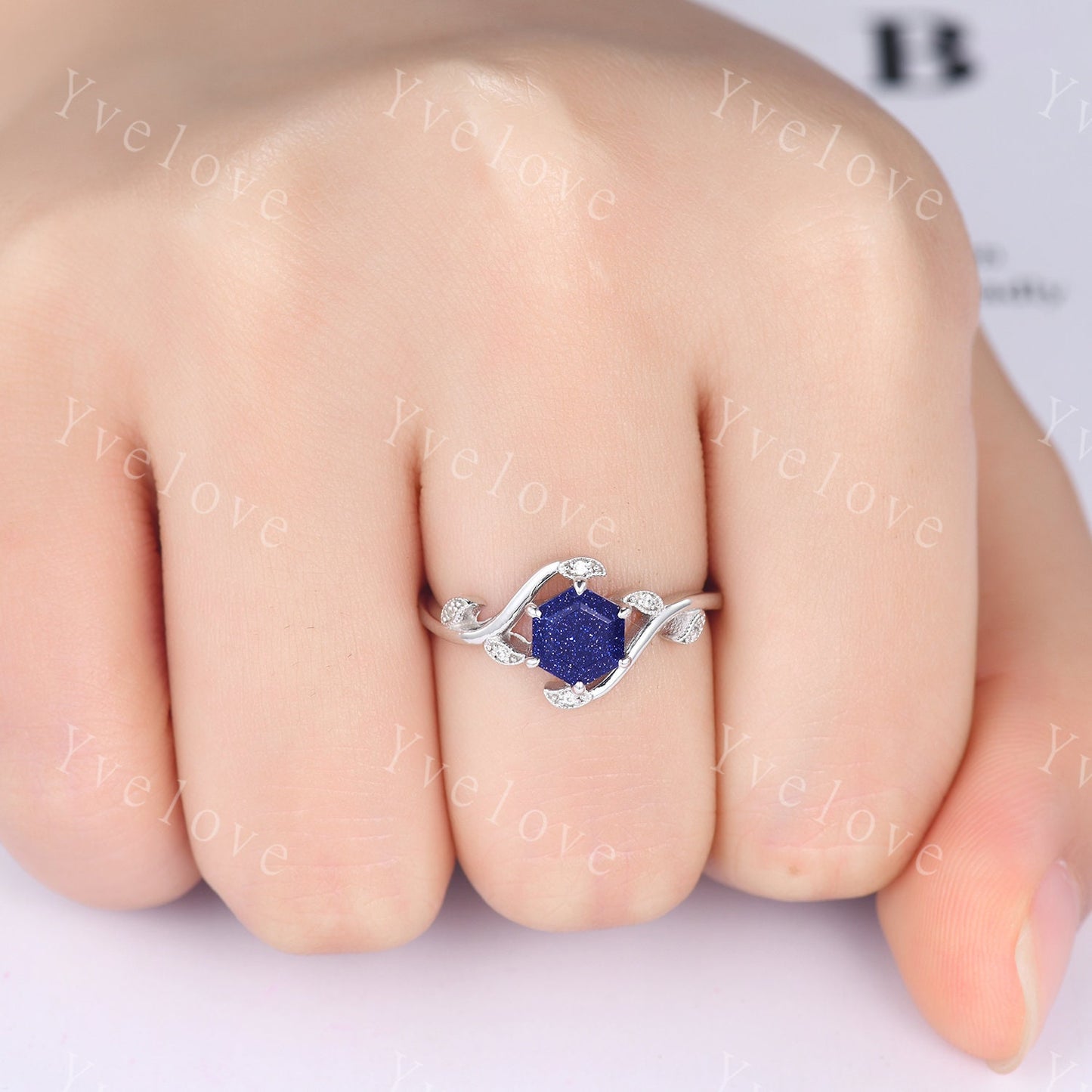 Retro hexagon Blue Sandstone Ring,Vintage Sterling Silver Ring,Unique Sandstone Engagement Ring,Promise Ring,Anniversary Bridal Ring Gift