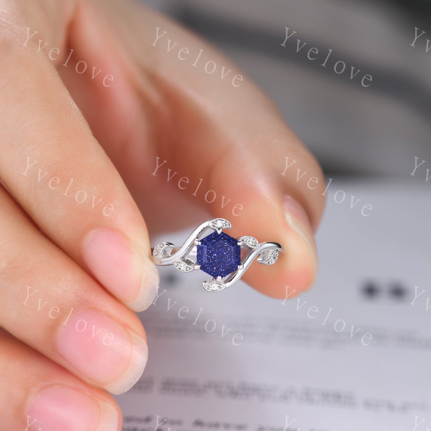 Retro hexagon Blue Sandstone Ring,Vintage Sterling Silver Ring,Unique Sandstone Engagement Ring,Promise Ring,Anniversary Bridal Ring Gift