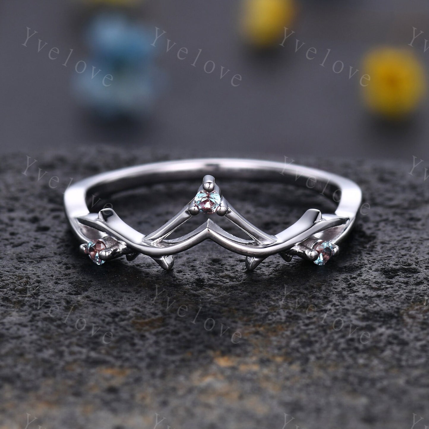 Minimalist Twig Engagement Ring,Twig Matching Band,Women Vine Alexandrite Band ,Art Deco V Curved Branch Alexandrite Wedding Band,Silver