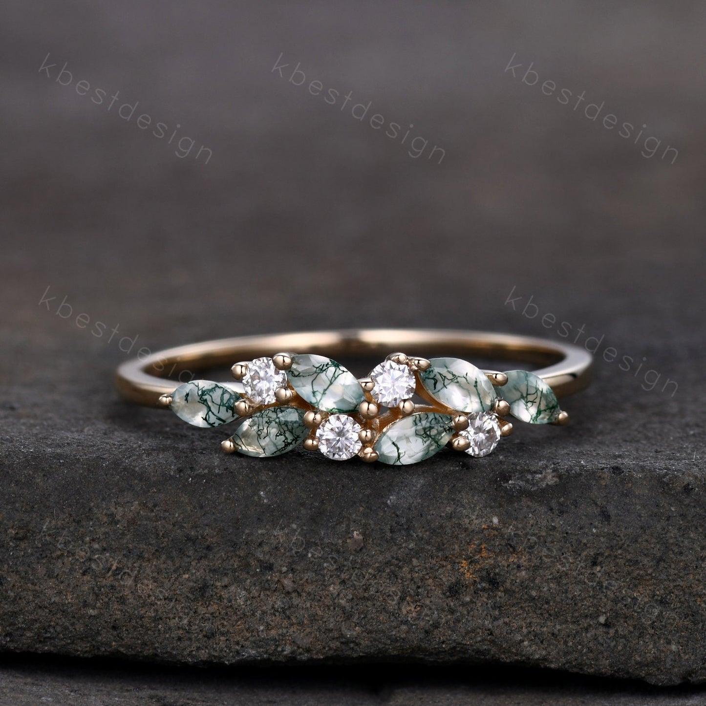 Moss agate cluster wedding band Unique marquise cut moss agate wedding band Vintage Moissanite ring Solid gold ring Anniversary gift