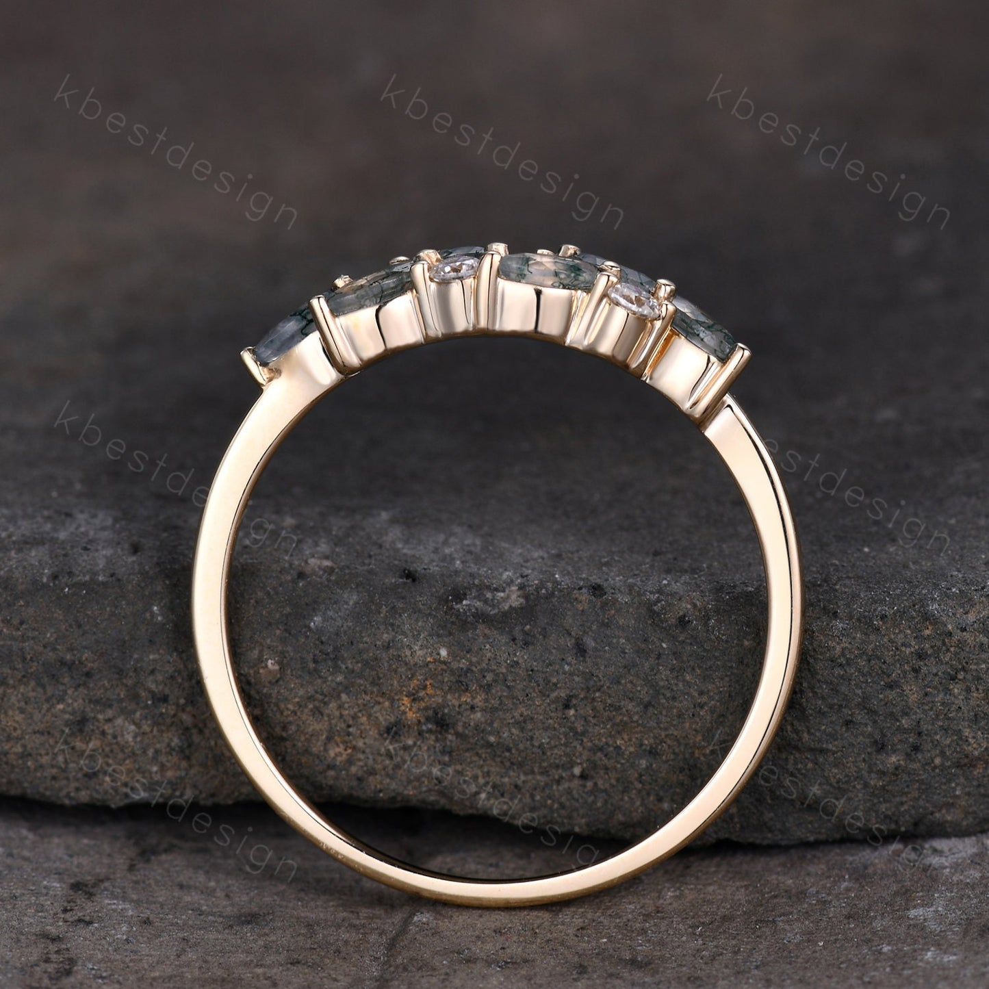 Moss agate cluster wedding band Unique marquise cut moss agate wedding band Vintage Moissanite ring Solid gold ring Anniversary gift
