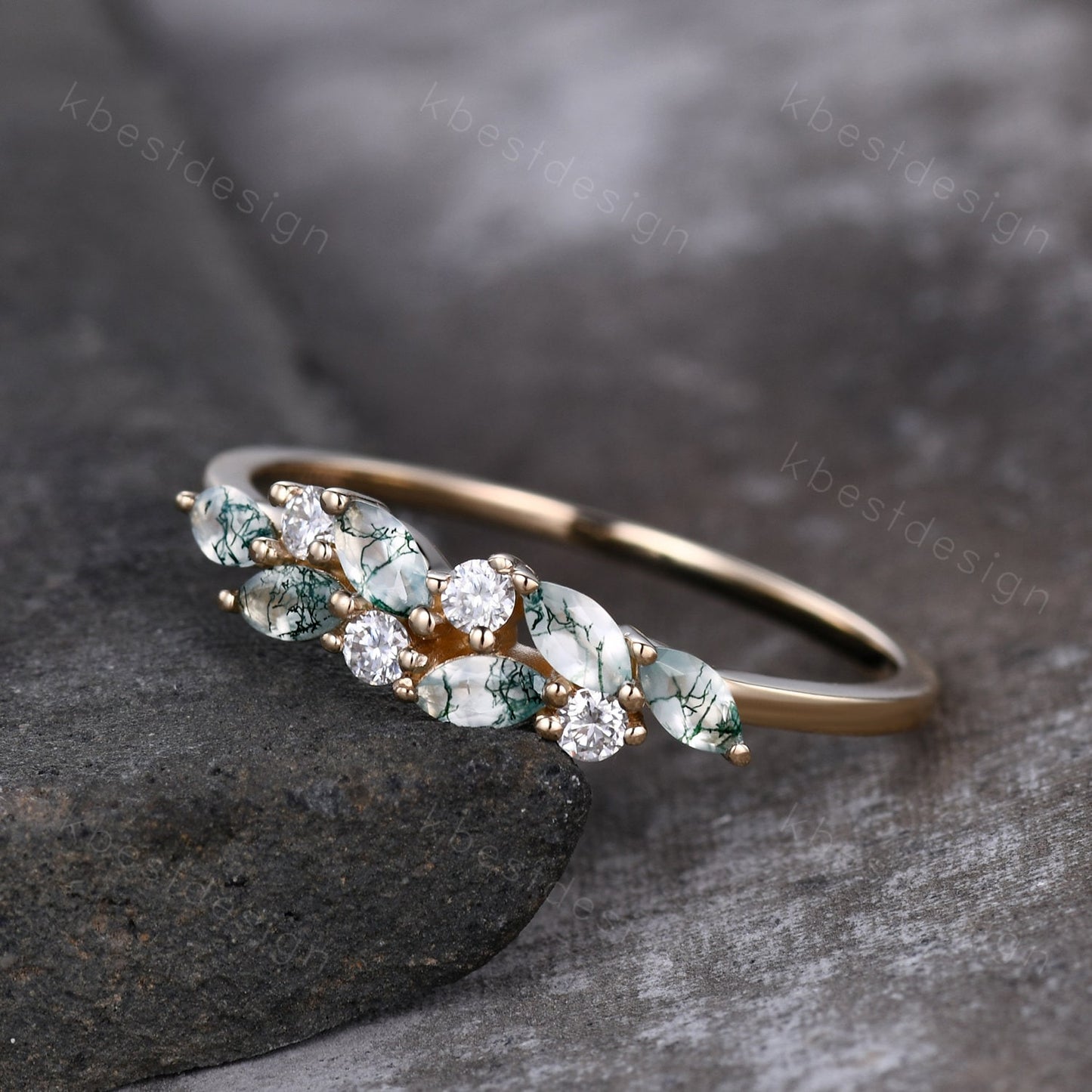 Moss agate cluster wedding band Unique marquise cut moss agate wedding band Vintage Moissanite ring Rose gold ring Anniversary gift for her