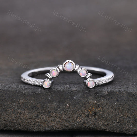 Curved Opal wedding band Unique sterling silver wedding band Half eternity moissanite Stacking matching band Anniversary ring