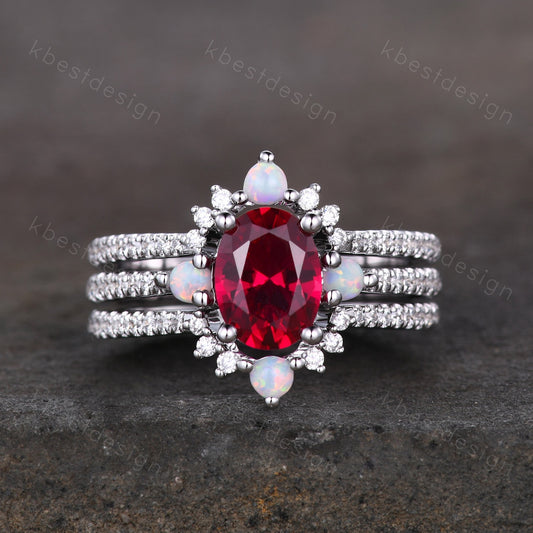 Vintage 3PCS Ruby Bridal Set/ Oval Ruby Engagement Ring Set/ Curved Opal Stacking Band/Silver Ring/ July Birthstone Ring/ Anniversary Gift