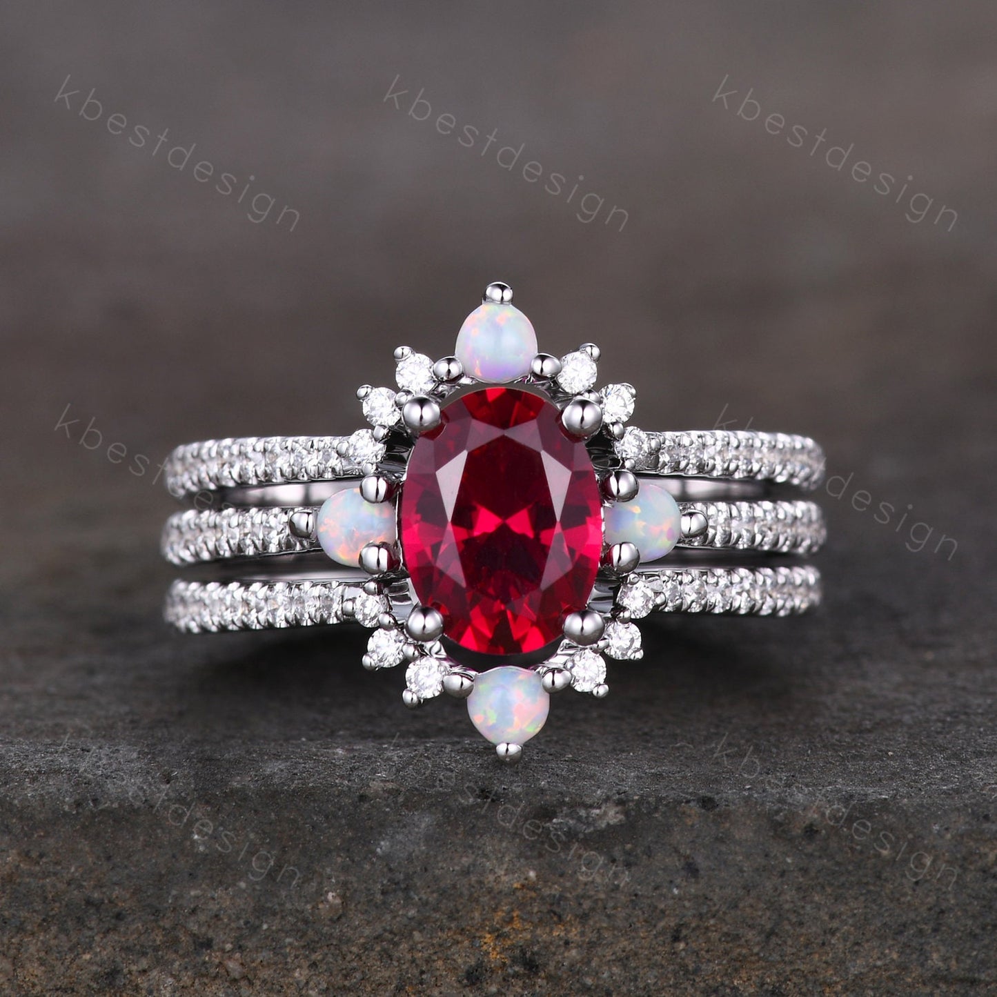 Vintage 3PCS Ruby Bridal Set/ Oval Ruby Engagement Ring Set/ Curved Opal Stacking Band/Silver Ring/ July Birthstone Ring/ Anniversary Gift