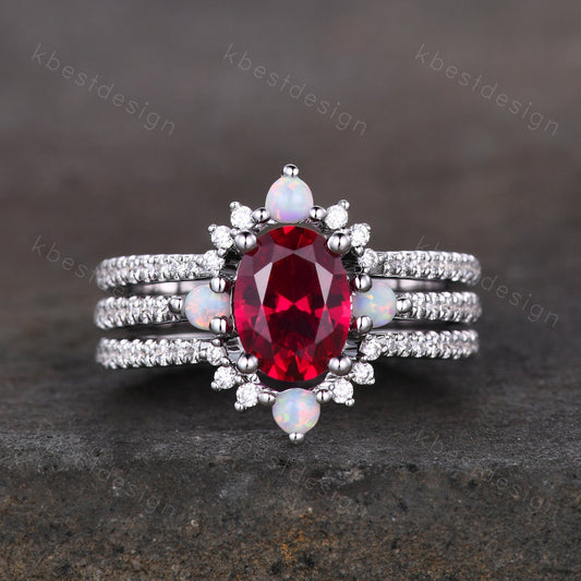 Vintage 3PCS Ruby Bridal Set/ Oval Ruby Engagement Ring Set/ Curved Opal Stacking Band/Silver Ring/ July Birthstone Ring/ Anniversary Gift
