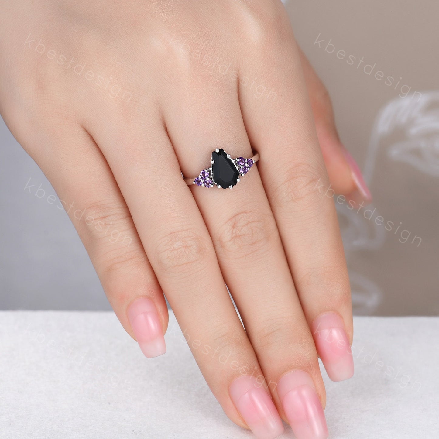 Sterling Silver Black Onyx Engagement Ring Set Unique Coffin Shaped Ring Art Deco Moissanite Curved Wedding Band Amethyst Cluster Ring