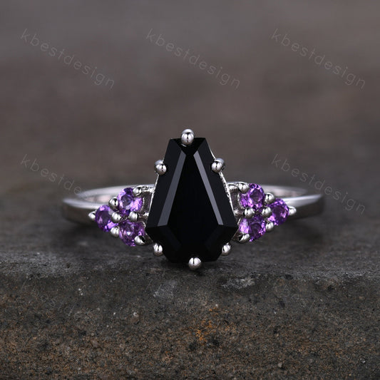 Black Onyx Engagement Ring Sterling silver ring Vintage coffin shaped ring Unique Amethyst cluster wedding ring Promise anniversary ring