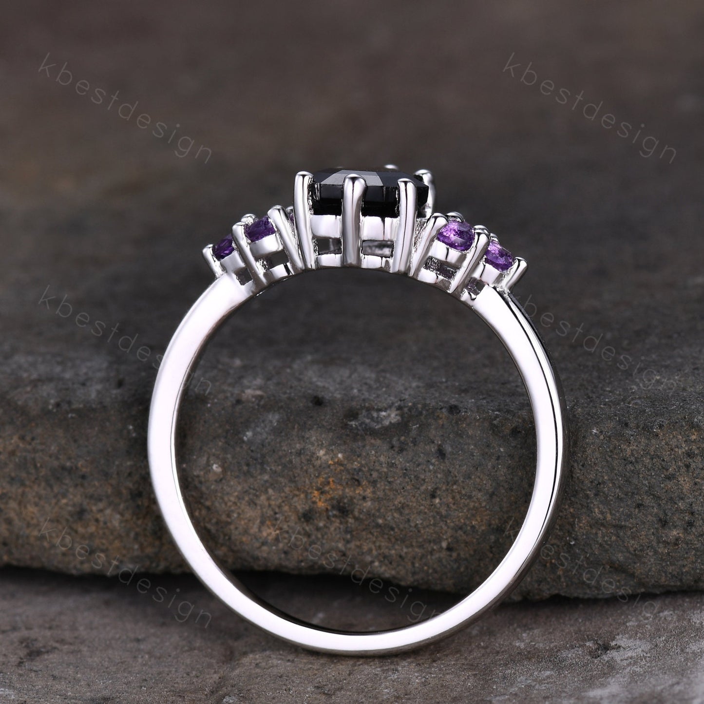 Black Onyx Engagement Ring Sterling silver ring Vintage coffin shaped ring Unique Amethyst cluster wedding ring Promise anniversary ring