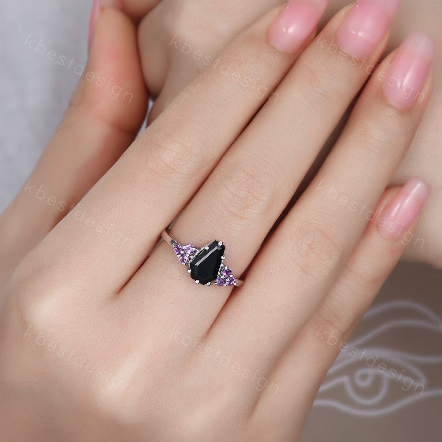 Black Onyx Engagement Ring Sterling silver ring Vintage coffin shaped ring Unique Amethyst cluster wedding ring Promise anniversary ring