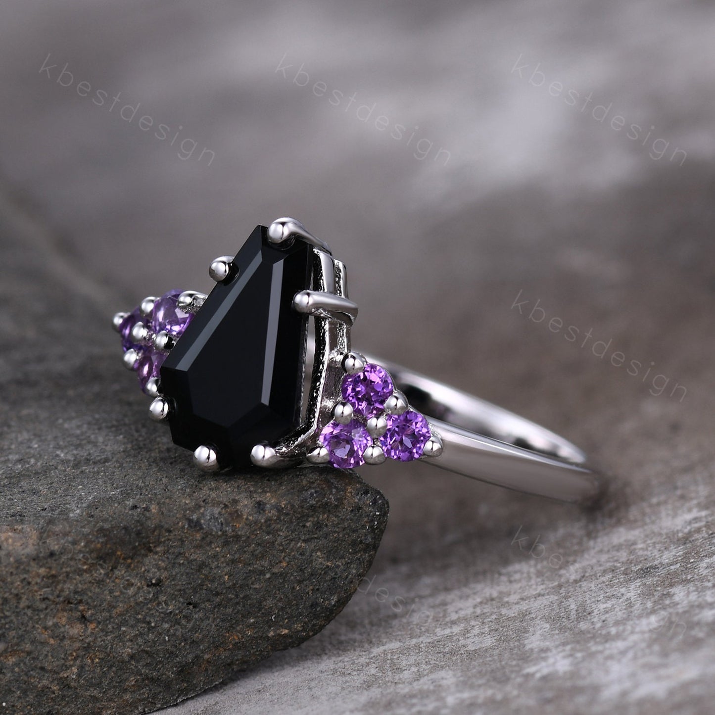 Black Onyx Engagement Ring Sterling silver ring Vintage coffin shaped ring Unique Amethyst cluster wedding ring Promise anniversary ring