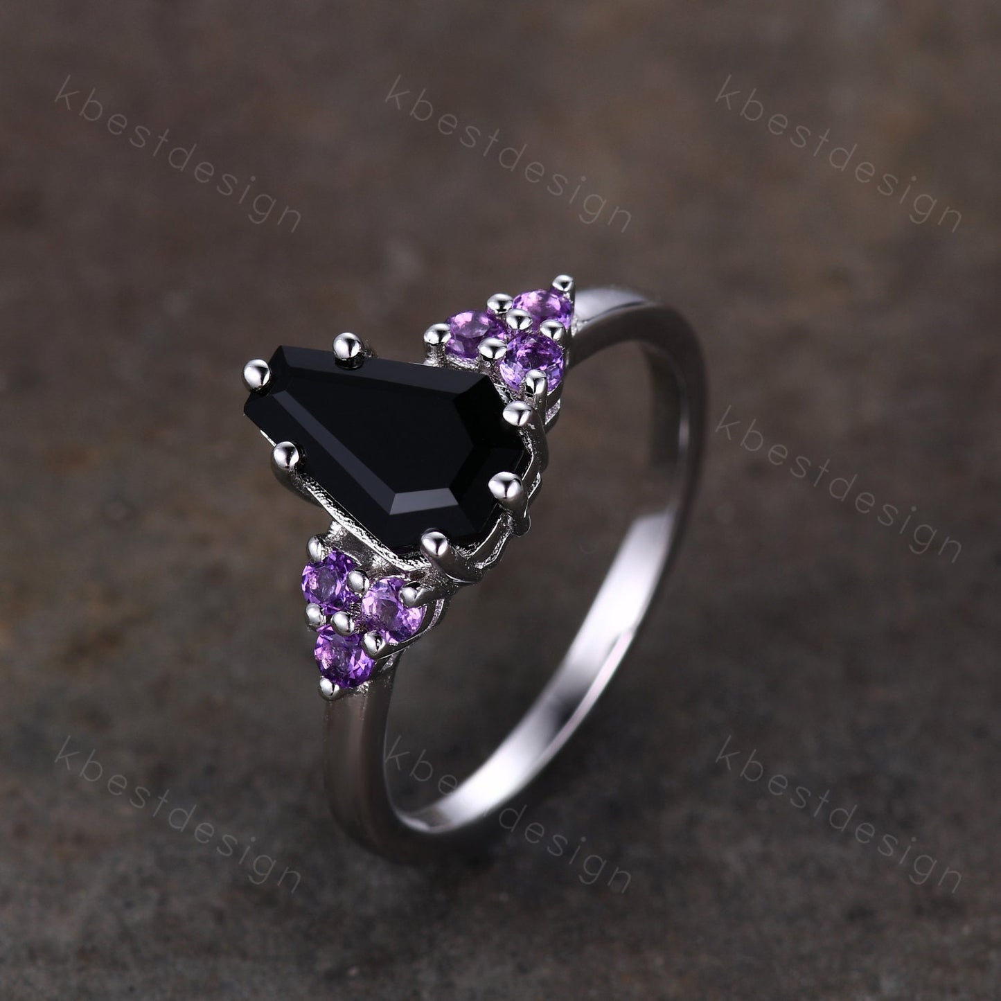 Black Onyx Engagement Ring Sterling silver ring Vintage coffin shaped ring Unique Amethyst cluster wedding ring Promise anniversary ring