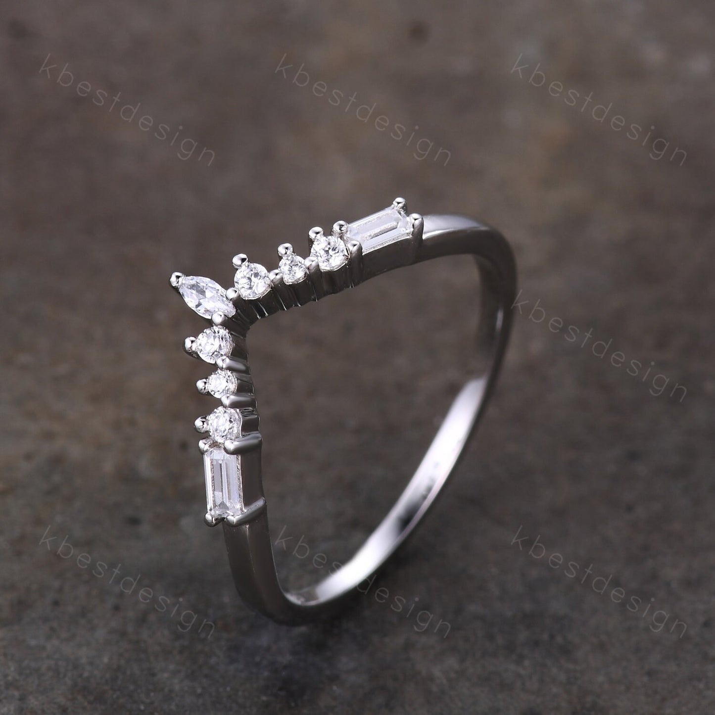 Curved wedding band sterling silver wedding ring art deco baguette Diamond/Moissanite stacking matching band anniversary gift for her