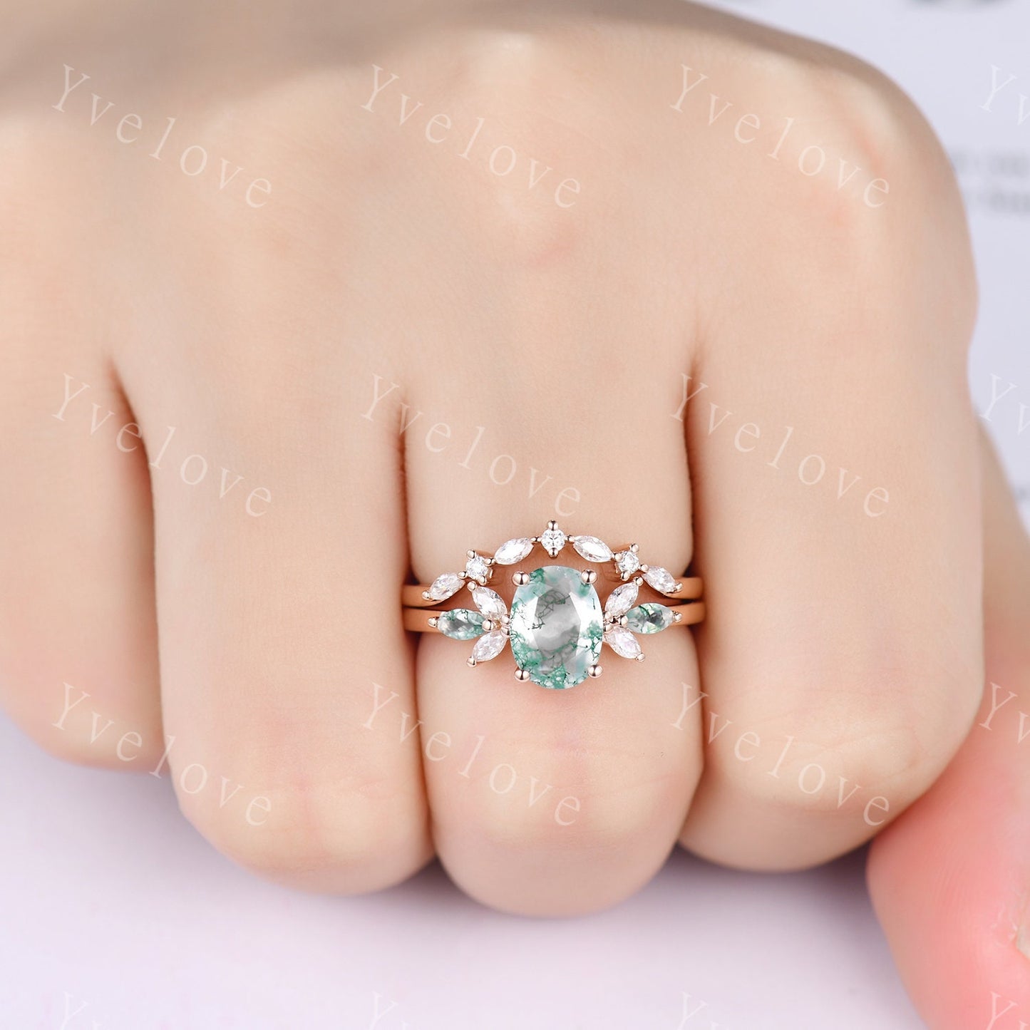 Moss Agate Engagement Ring Set Women Stacking Matching Band Moissanite Green Agate Ring Unique Vintage Floral Design Promise Bridal Set Gift