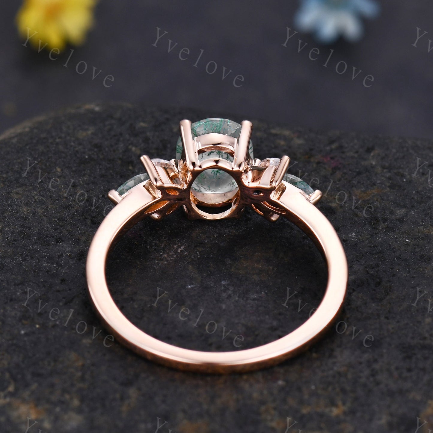 Moss Agate Engagement Ring Set Women Stacking Matching Band Moissanite Green Agate Ring Unique Vintage Floral Design Promise Bridal Set Gift