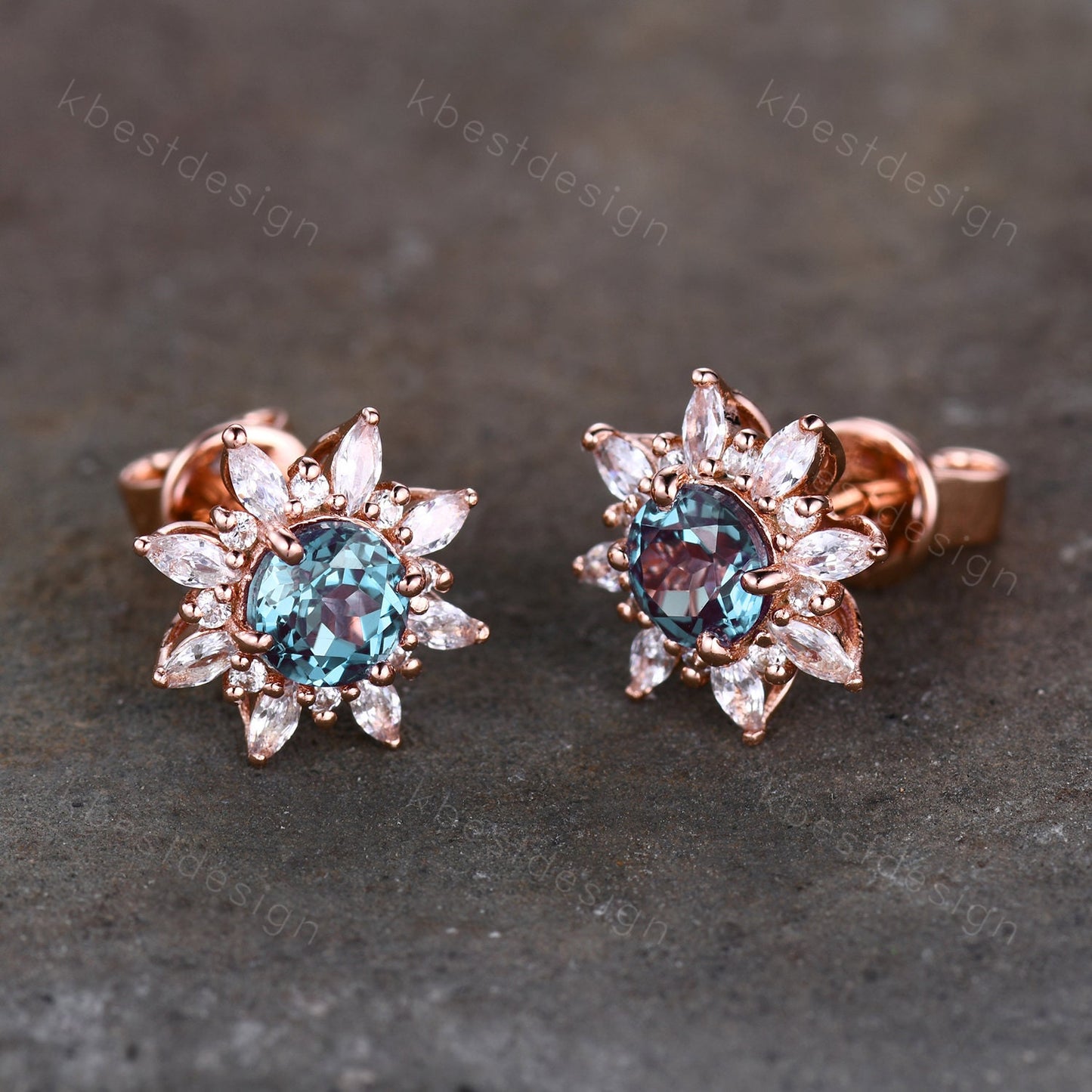 Vintage Moss Agate Earrings, Rose Gold Studs for woman, Green Aagte Stud earrings, Round cut Bridal Moissanite Earrings, Anniversary Gift