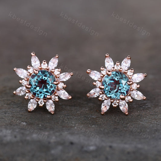 Vintage Alexandrite Earrings, Studs for woman, Rose Gold Stud earrings, June Birthstone Jewelry, Anniversary Gift