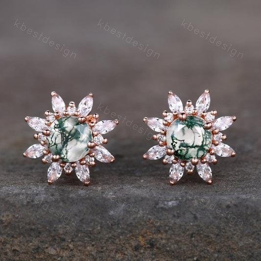 Vintage Moss Agate Earrings, Rose Gold Studs for woman, Green Aagte Stud earrings, Round cut Bridal Moissanite Earrings, Anniversary Gift