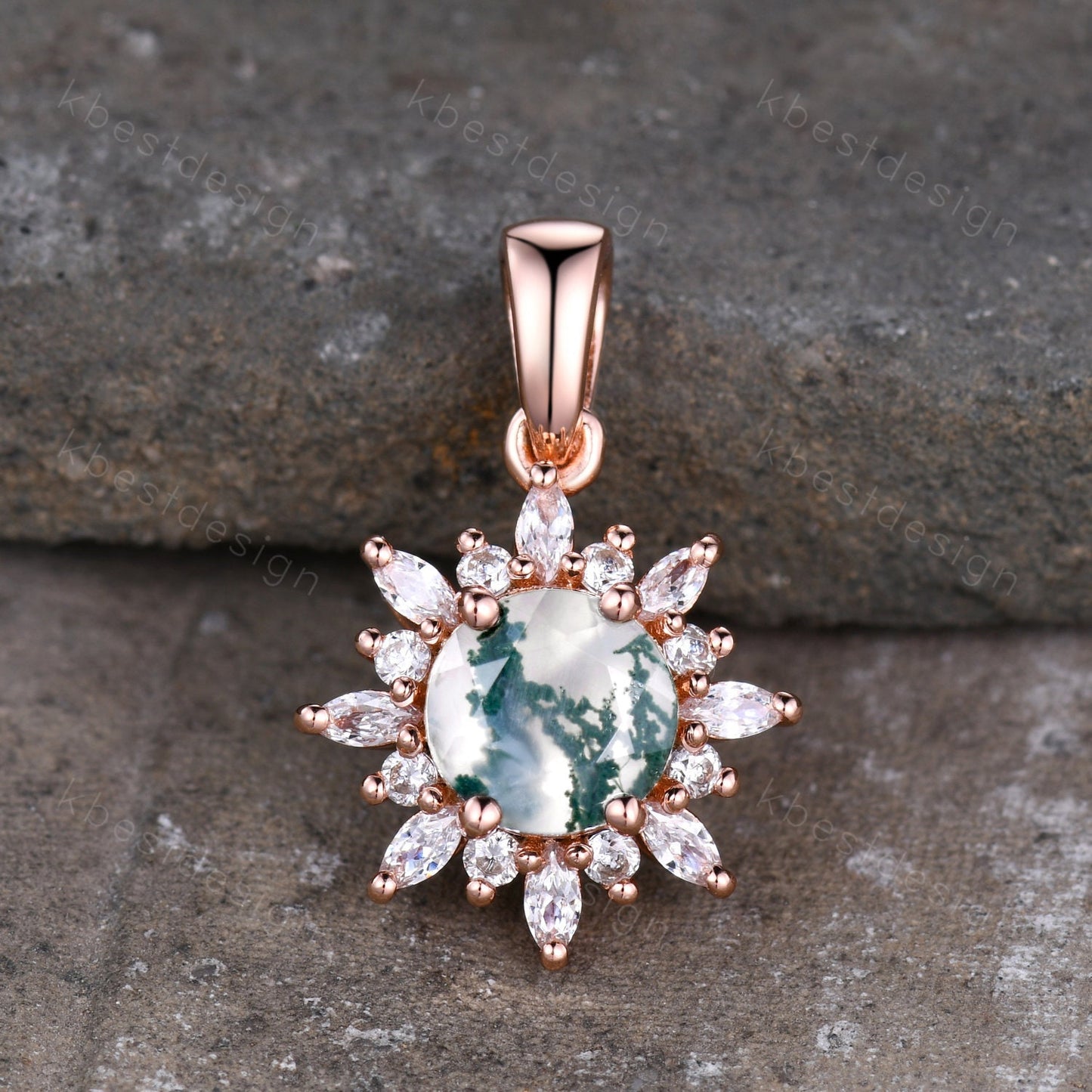 Natural Moss Agate Necklace, 14K Solid Gold Necklace, Unique Diamond/Moissanite Pendant, Art Deco Round cut Necklace, Necklace for Women
