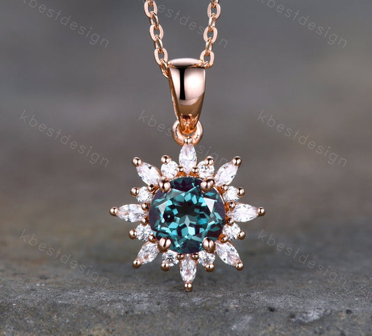 1CT Lab Alexandrite Necklace, Unique Round cut Pendant, Vintage Rose Gold Necklace, Alexandrite Silver Pendant, Birthstone necklace