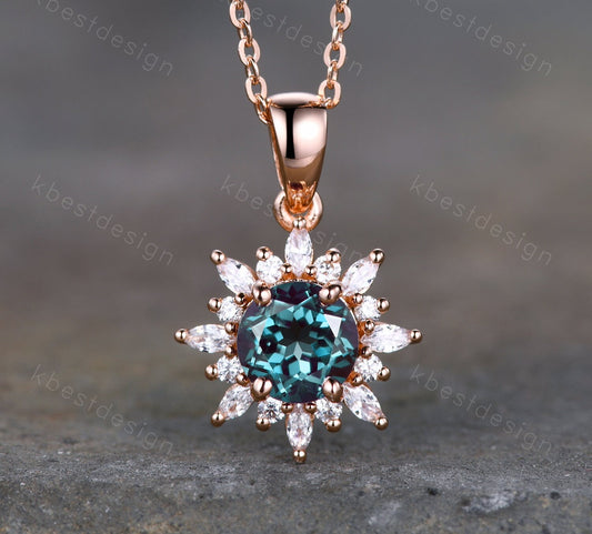 1CT Lab Alexandrite Necklace, Unique Round cut Pendant, Vintage Rose Gold Necklace, Alexandrite Silver Pendant, Birthstone necklace