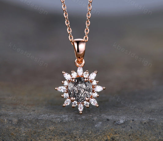 Unique Black Rutilated Quartz Necklace Vintage Gemstone Necklace for Women Art Deco Moissanite Pendant Black Stone Necklace Anniversary Gift