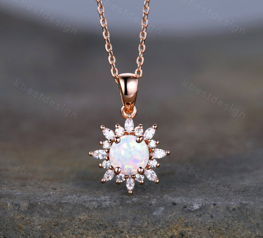1CT White Fire Opal Necklace, Rose Gold Round cut Opal Pendant, October Birthstone Jewelry, Unique Opal Moissanite Pendant, Gift for Her
