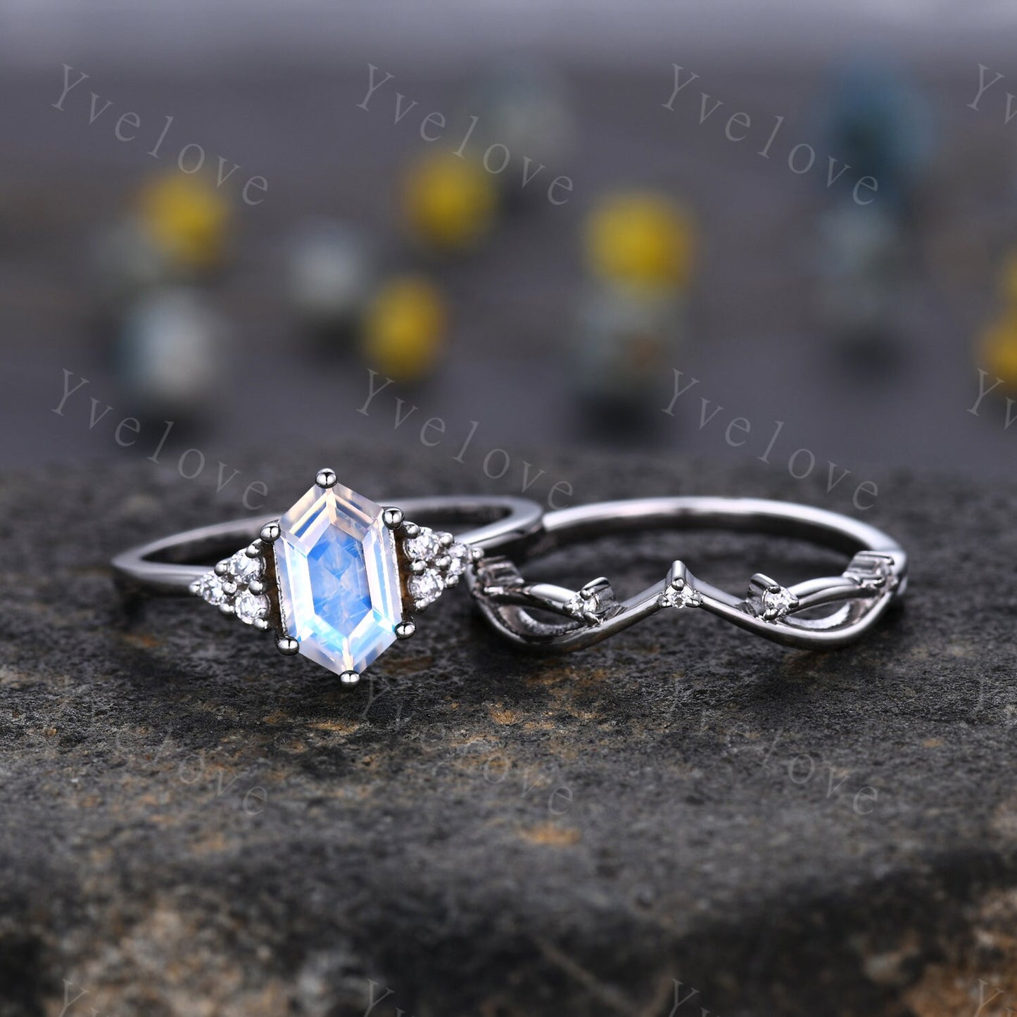 Retro Hexagon Moonstone Ring,Vintage Sterling Silver Ring Set,Unique Moonstone Engagement Ring,Promise Ring,Anniversary Ring Gift For Her