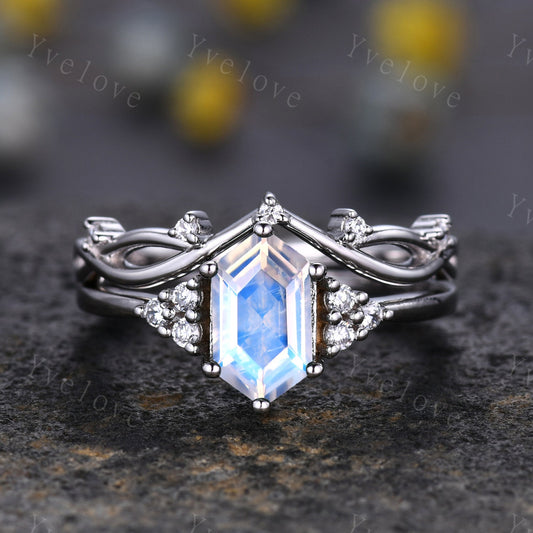 Retro Hexagon Moonstone Ring,Vintage Sterling Silver Ring Set,Unique Moonstone Engagement Ring,Promise Ring,Anniversary Ring Gift For Her