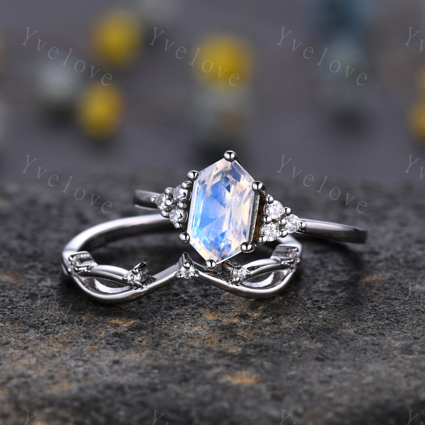 Retro Hexagon Moonstone Ring,Vintage Sterling Silver Ring Set,Unique Moonstone Engagement Ring,Promise Ring,Anniversary Ring Gift For Her
