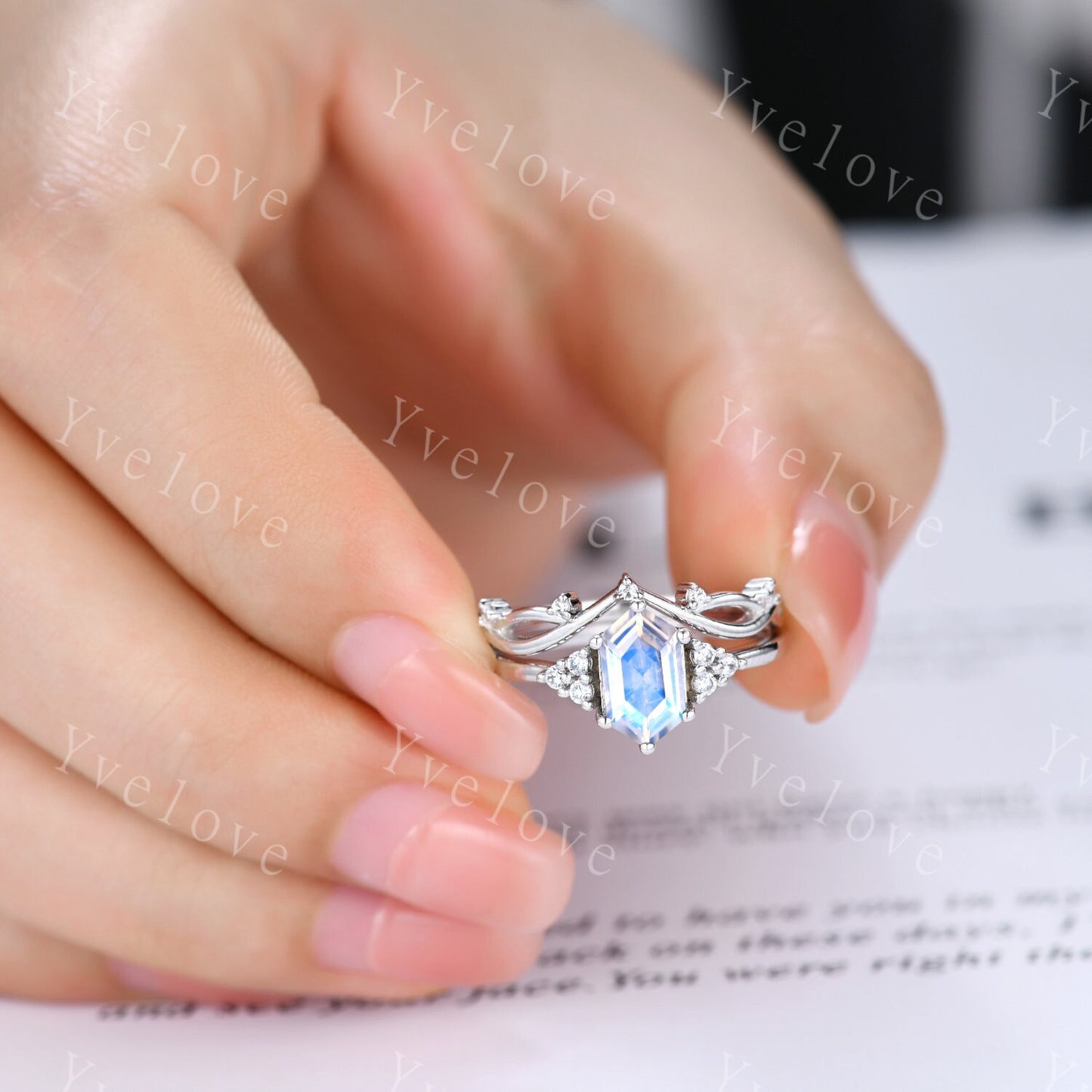 Retro Hexagon Moonstone Ring,Vintage Sterling Silver Ring Set,Unique Moonstone Engagement Ring,Promise Ring,Anniversary Ring Gift For Her
