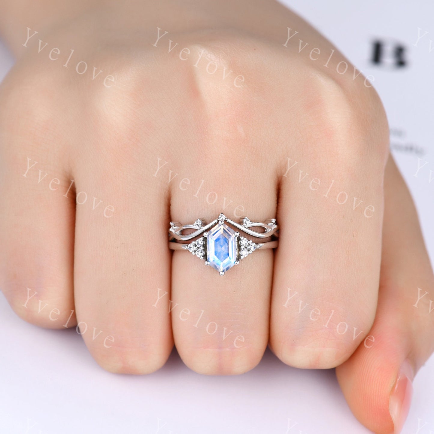 Retro Hexagon Moonstone Ring,Vintage Sterling Silver Ring Set,Unique Moonstone Engagement Ring,Promise Ring,Anniversary Ring Gift For Her