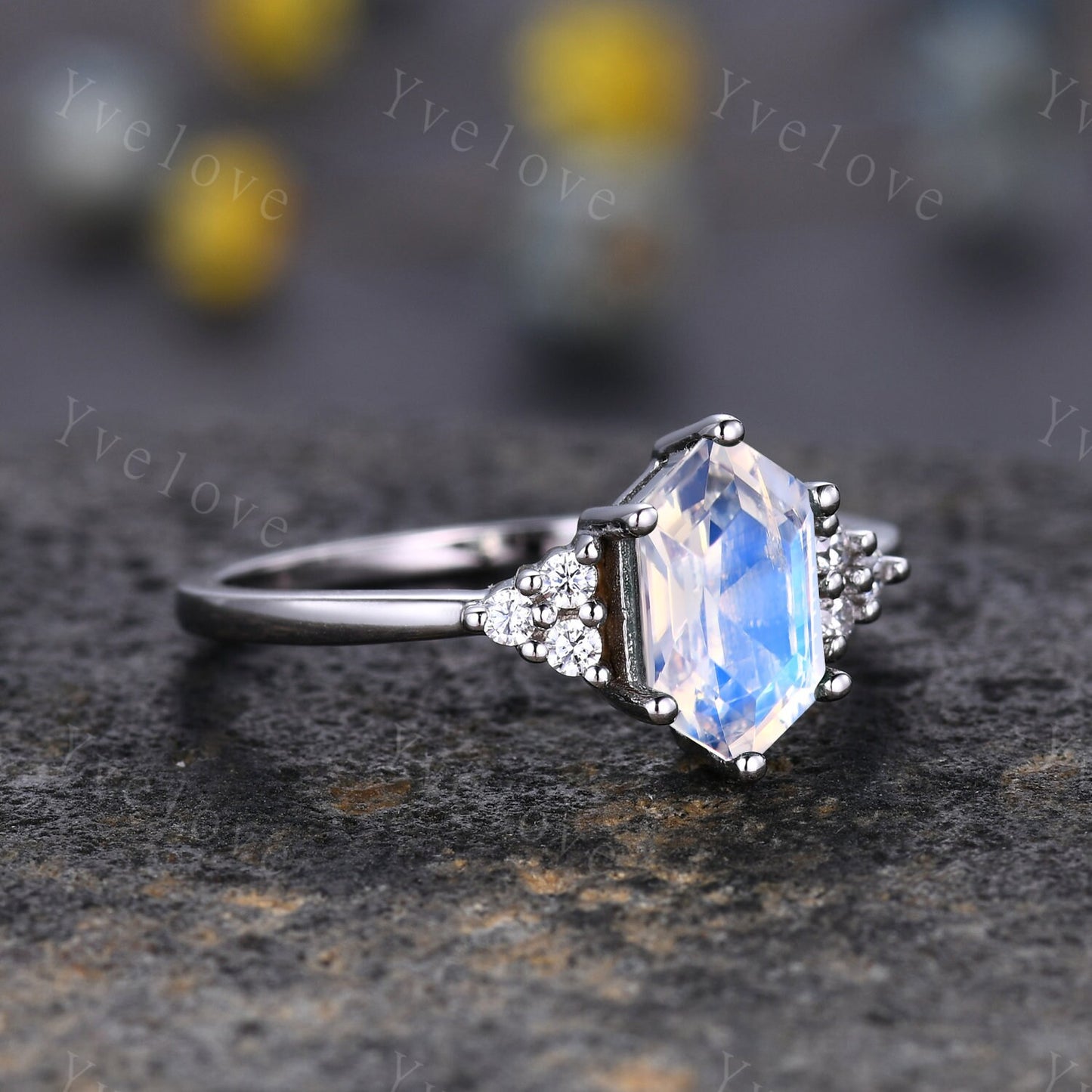 Retro Hexagon Moonstone Ring,Vintage Sterling Silver Ring Set,Unique Moonstone Engagement Ring,Promise Ring,Anniversary Ring Gift For Her