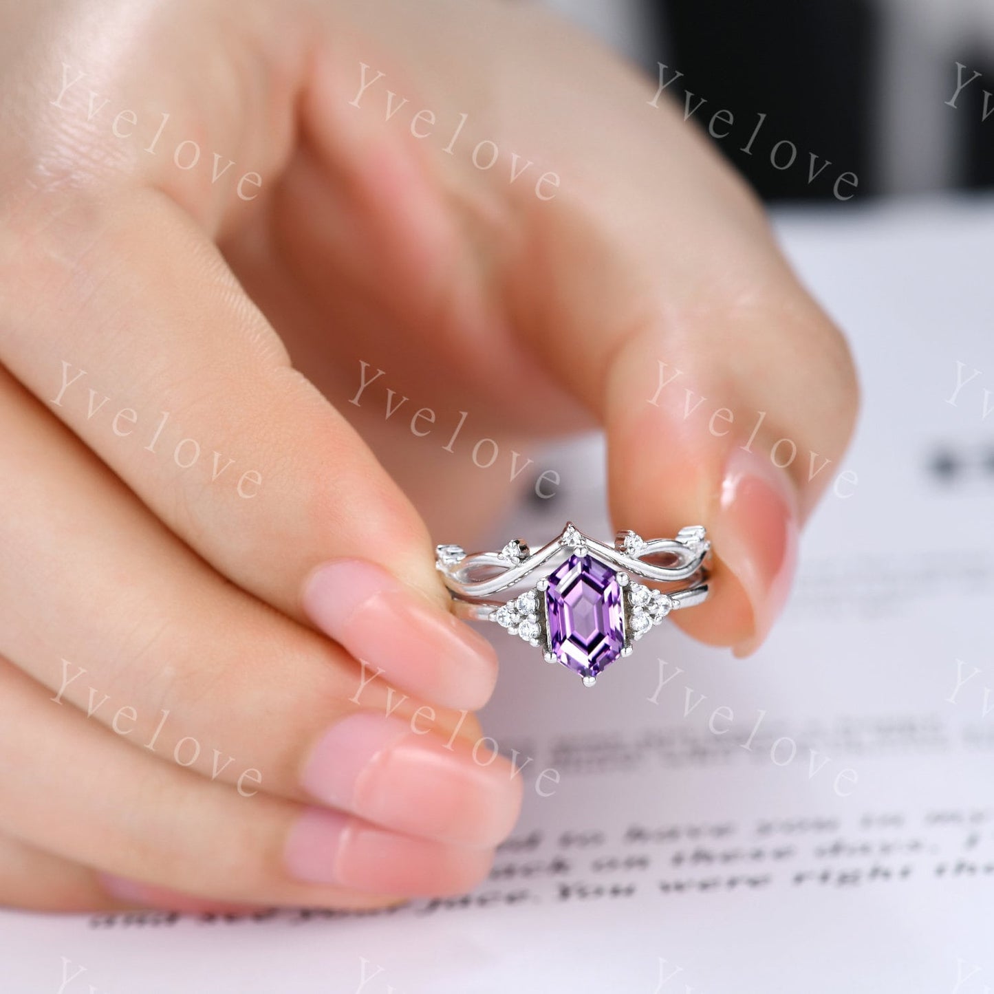 Retro Long hexagon Amethyst Ring,Vintage Sterling Silver Ring Set,Unique Amethyst Engagement Ring,Promise Ring,Anniversary Ring Gift For Her