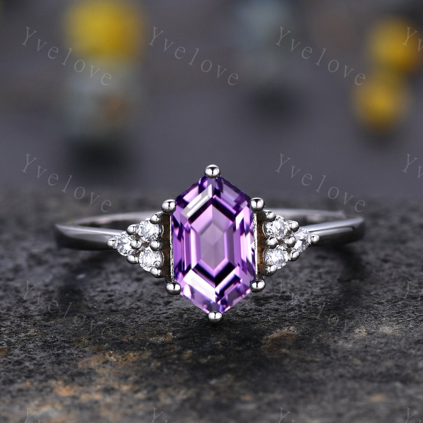Retro Long hexagon Amethyst Ring,Vintage Sterling Silver Ring Set,Unique Amethyst Engagement Ring,Promise Ring,Anniversary Ring Gift For Her