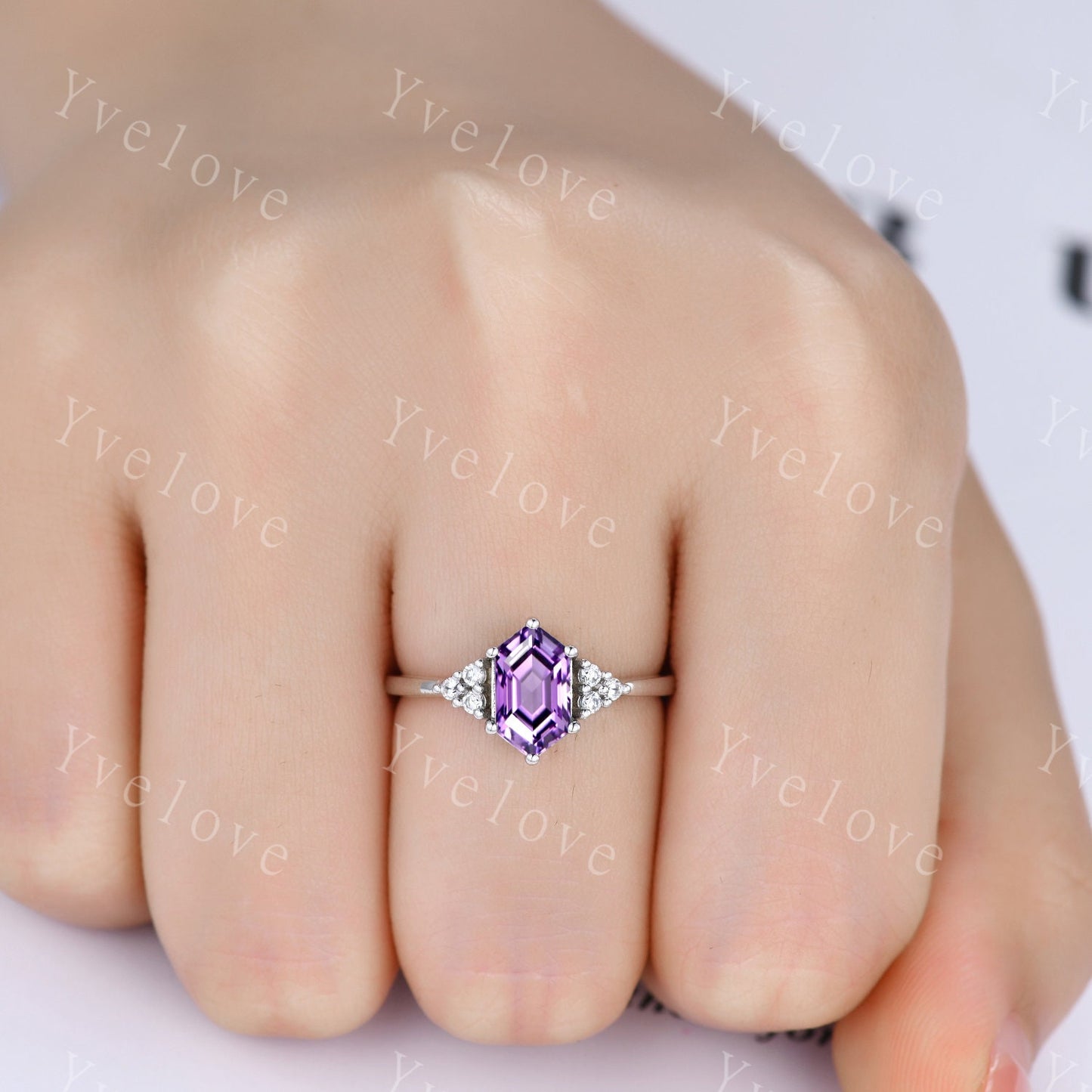 Retro Long hexagon Amethyst Ring,Vintage Sterling Silver Ring Set,Unique Amethyst Engagement Ring,Promise Ring,Anniversary Ring Gift For Her