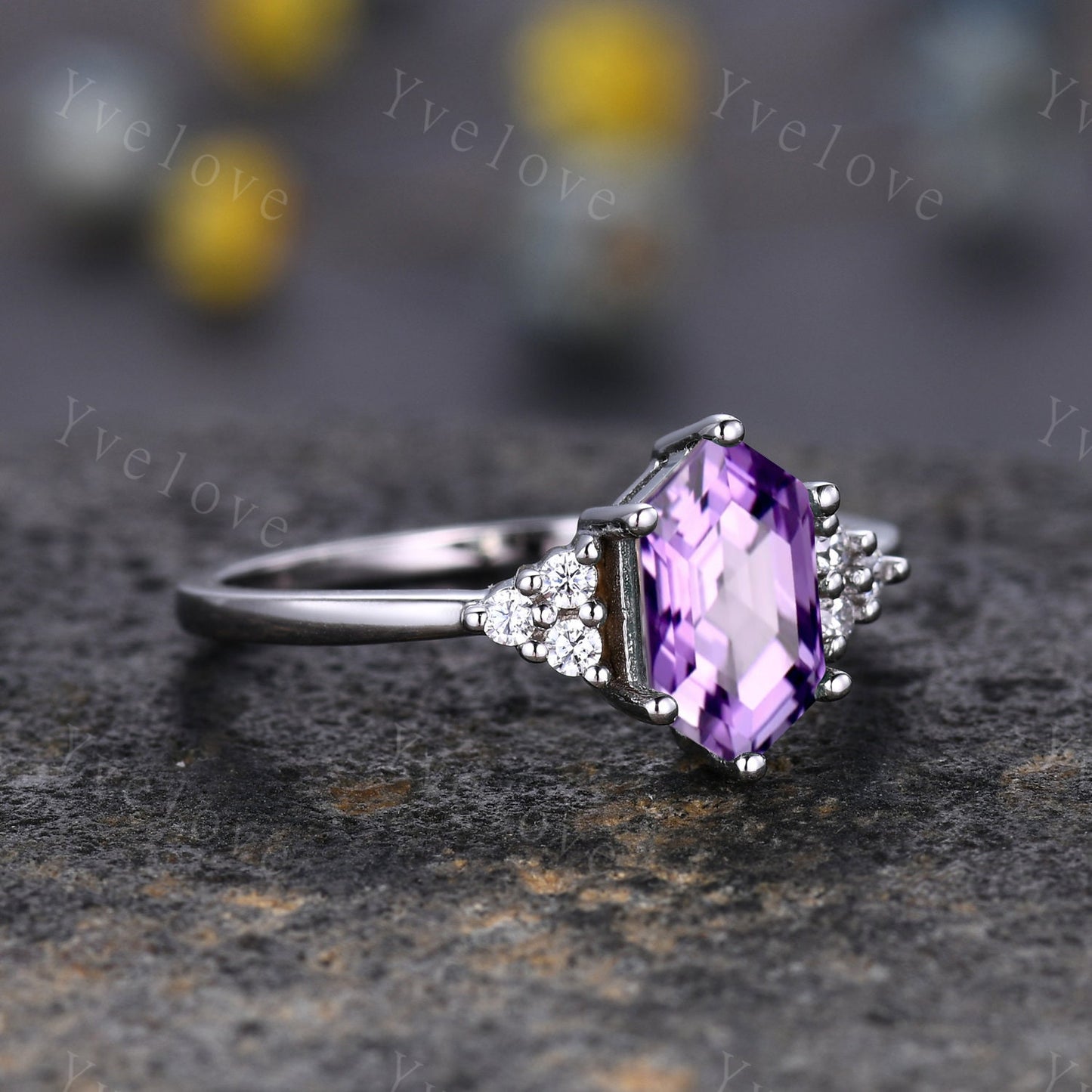 Retro Long hexagon Amethyst Ring,Vintage Sterling Silver Ring Set,Unique Amethyst Engagement Ring,Promise Ring,Anniversary Ring Gift For Her