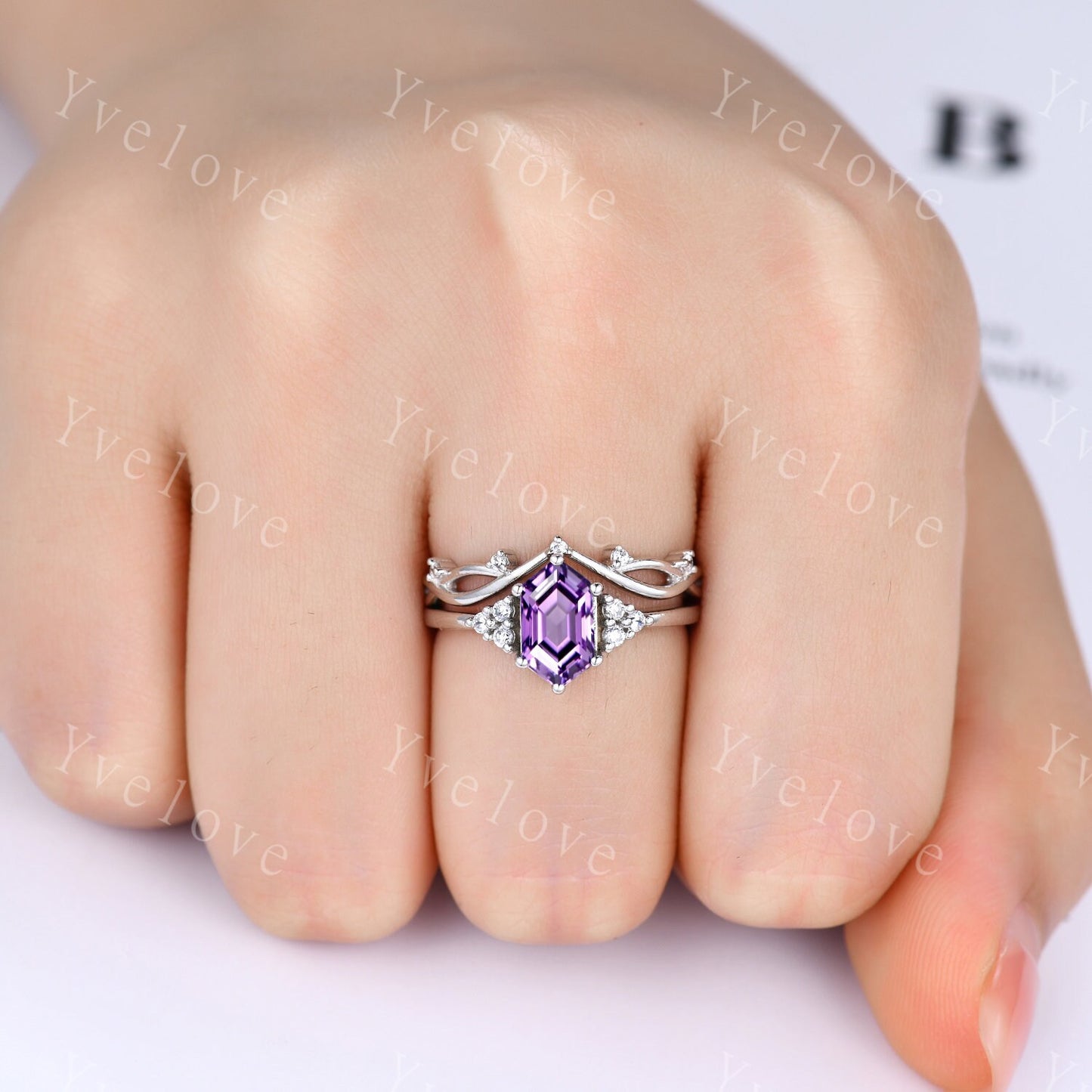 Retro Long hexagon Amethyst Ring,Vintage Sterling Silver Ring Set,Unique Amethyst Engagement Ring,Promise Ring,Anniversary Ring Gift For Her