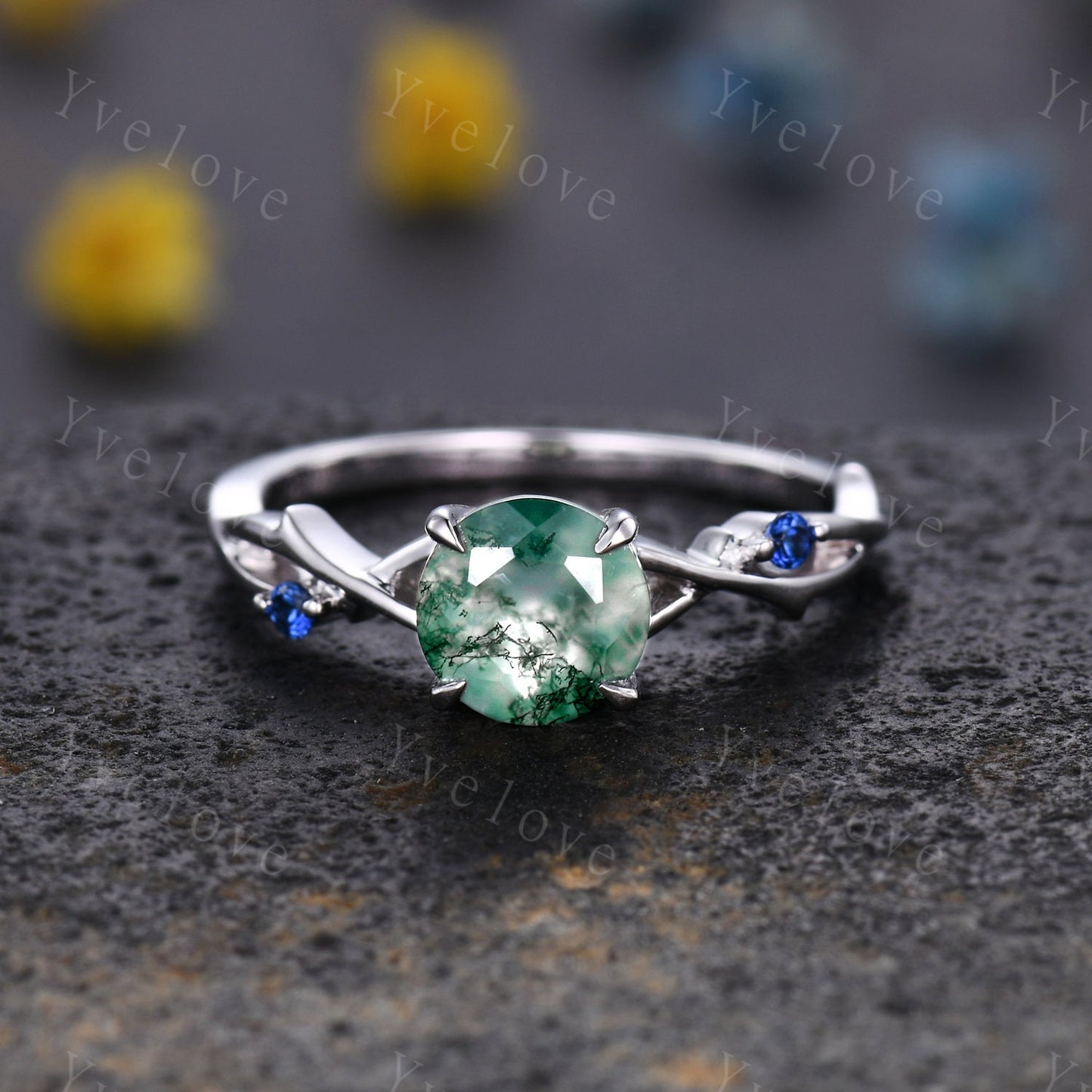 Twig Moss Agate Engagement Ring,green agate engagement ring set,blue sapphire ring,vintage unique promise ring set gift for women,platinum