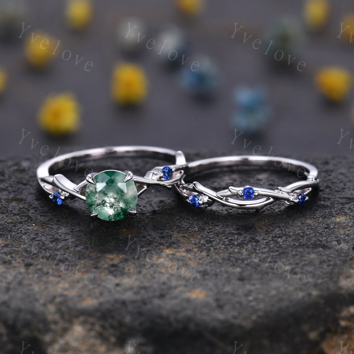 Twig Moss Agate Engagement Ring,green agate engagement ring set,blue sapphire ring,vintage unique promise ring set gift for women,platinum