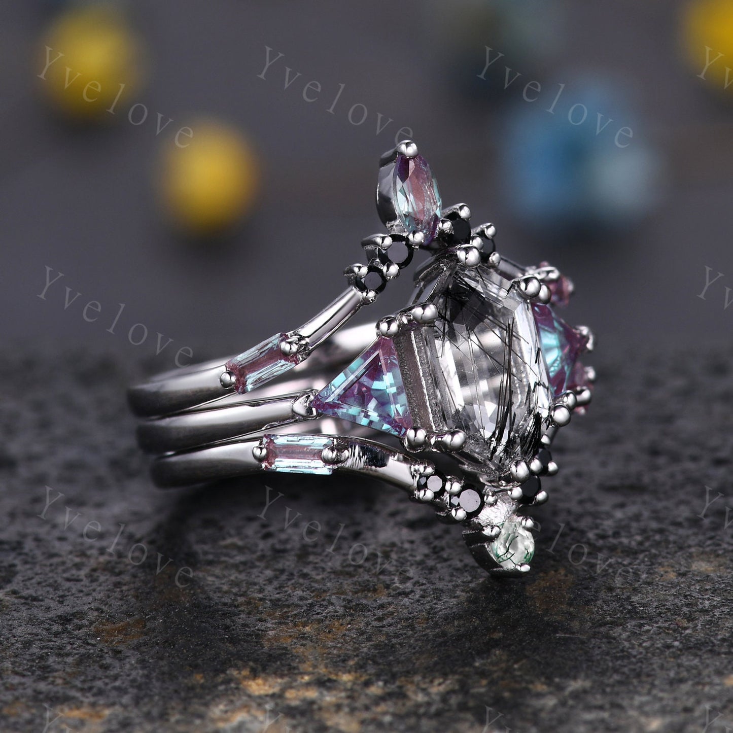 Hexagon Black Rutilate Quartz Engagement Ring,Alexandrite Ring,Vintage Retro Silver Ring,Enhancer Ring,Women Stacking Band,Bridal Ring Gift