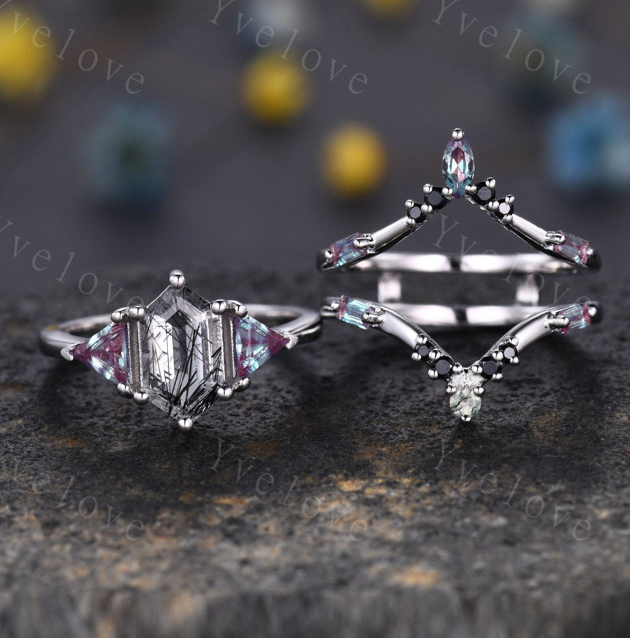 Hexagon Black Rutilate Quartz Engagement Ring,Alexandrite Ring,Vintage Retro Silver Ring,Enhancer Ring,Women Stacking Band,Bridal Ring Gift