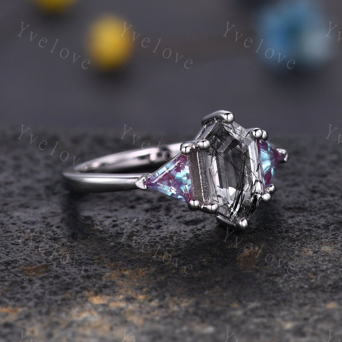 Hexagon Black Rutilate Quartz Engagement Ring,Alexandrite Ring,Vintage Retro Silver Ring,Enhancer Ring,Women Stacking Band,Bridal Ring Gift